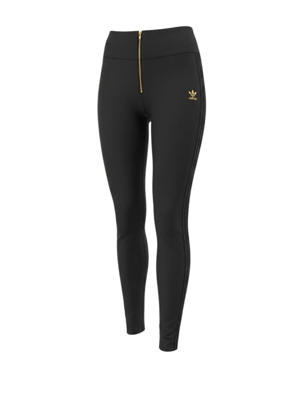 Adidas Originals Sz M High Waist Ankle Leggings Gold Front Zipper & Logo Black